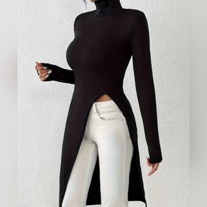 Solid turtleneck Split Slim Tunic Versatile Long Sleeve Longline Top Size L